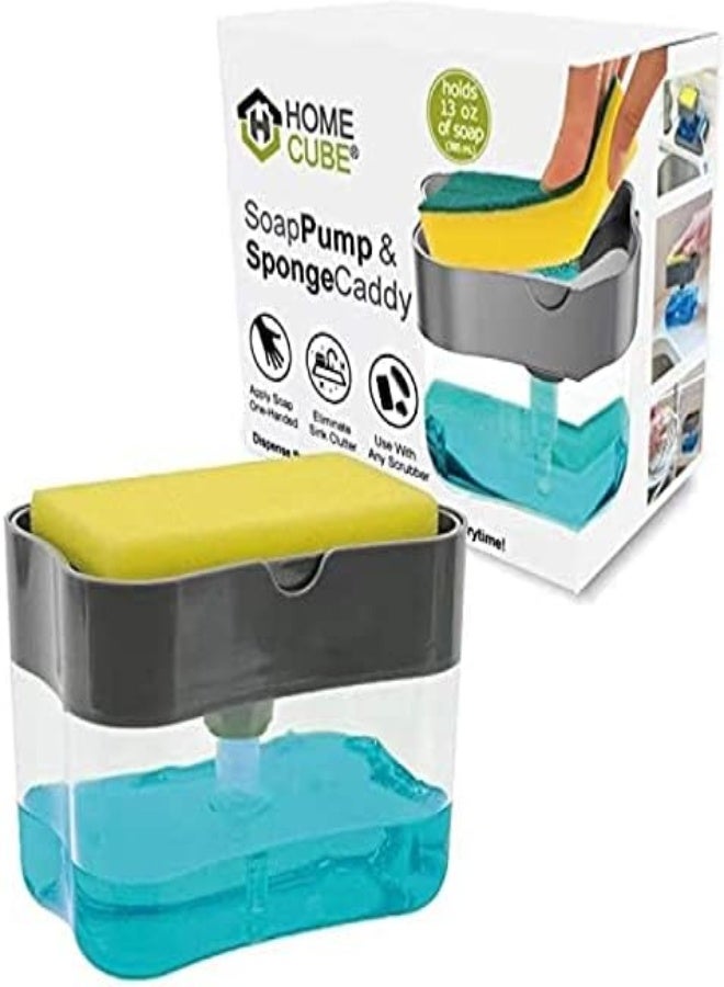 AKDC Home Cube 2 In 1 Soap Pump Plastic Dispenser For Dishwasher Liquid Holder (Clear Bottom Stand 385Ml) Free Sponge - Image 1