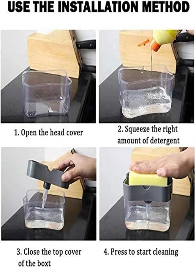AKDC Home Cube 2 In 1 Soap Pump Plastic Dispenser For Dishwasher Liquid Holder (Clear Bottom Stand 385Ml) Free Sponge - Image 5
