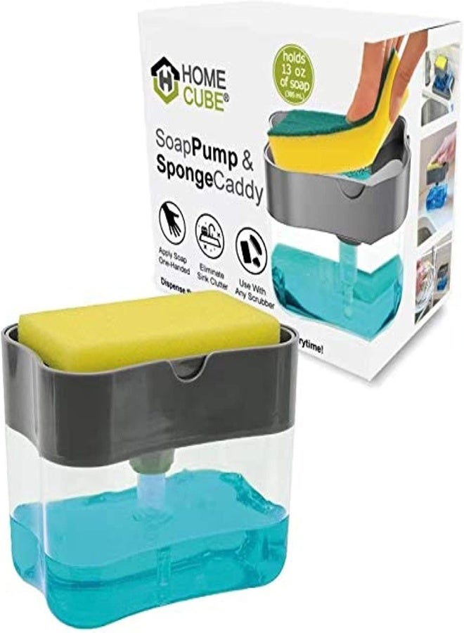 AKDC Home Cube 2 In 1 Soap Pump Plastic Dispenser For Dishwasher Liquid Holder (Clear Bottom Stand 385Ml) Free Sponge - Image 4