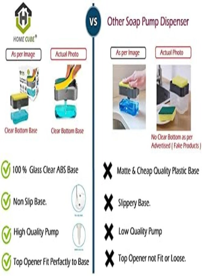 AKDC Home Cube 2 In 1 Soap Pump Plastic Dispenser For Dishwasher Liquid Holder (Clear Bottom Stand 385Ml) Free Sponge - Image 3