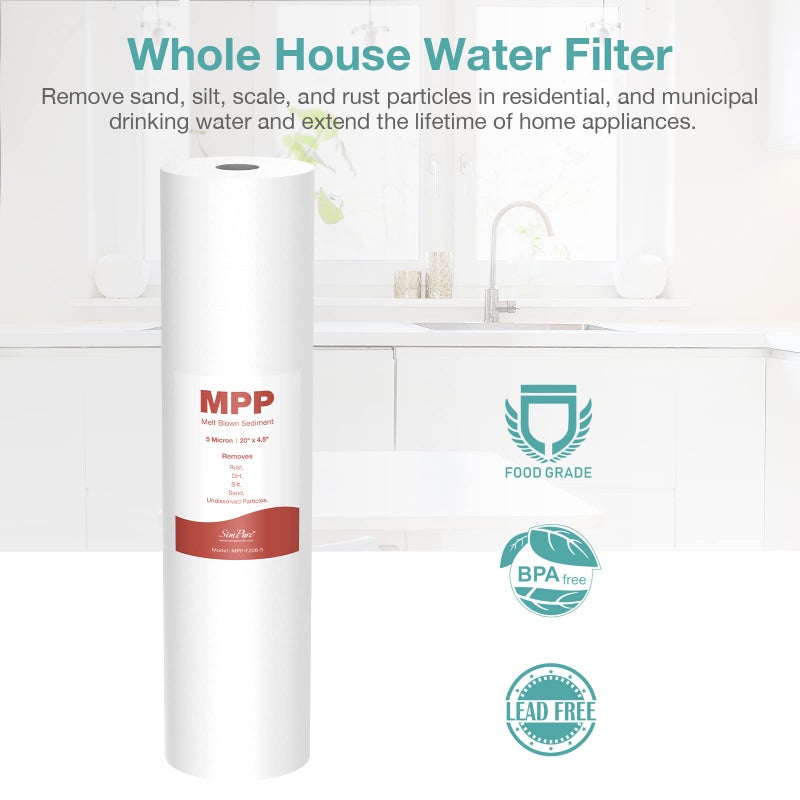 SimPure Sediment Water Filters, 5 Micron 20" x 4.5" Whole House Water Filter Replacement Compatible for SimPure DB20 Blue Housing, WGB22B, WGB32B, AP802, BB20B, BB20T, 2 Pack - Image 5