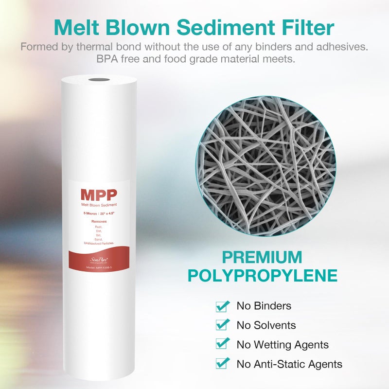 SimPure Sediment Water Filters, 5 Micron 20" x 4.5" Whole House Water Filter Replacement Compatible for SimPure DB20 Blue Housing, WGB22B, WGB32B, AP802, BB20B, BB20T, 2 Pack - Image 2