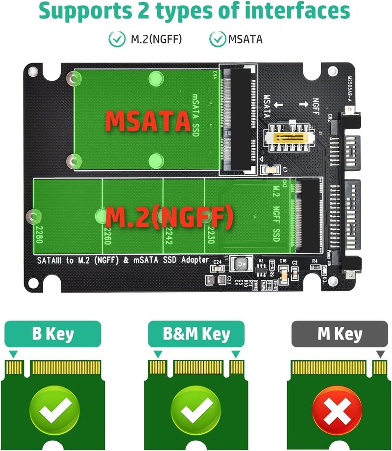 ETZIN M.2 SATA to SATA Adapter (Not Support NVME/M.2 PCIE) MSATA and B Key/B&M Key M.2 NGFF SDD to 2.5" SATA III 2 in 1 Converter Supports MSATA/M.2 NGFF SSD Not for M Key (EPL-1082HS) - Image 3