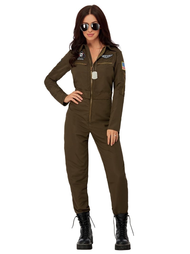 Smiffys Top Gun Maverick Ladies Aviator Costume, Green with Jumpsuit & Changeable Name Badges, Officially Licensed Top Gun Maverick Fancy Dress, Adult Dress Up Costumes - Image 1