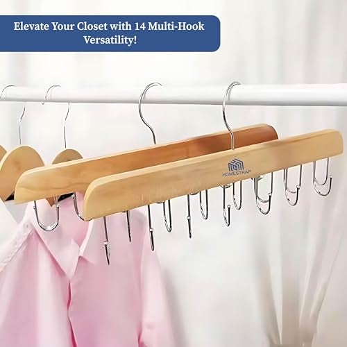 Homestrap 14 Multi-Hook Durable Wood Hanger (Set of 2) with 180 Degree Rotatable Hooks Closet Organiser for Belts, Ties, Scarfs, Cap, Jewellery | Space-Saving, Light-Weight & Sturdy Hanger - Image 4