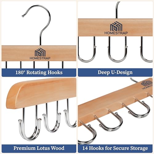 Homestrap 14 Multi-Hook Durable Wood Hanger (Set of 2) with 180 Degree Rotatable Hooks Closet Organiser for Belts, Ties, Scarfs, Cap, Jewellery | Space-Saving, Light-Weight & Sturdy Hanger - Image 3