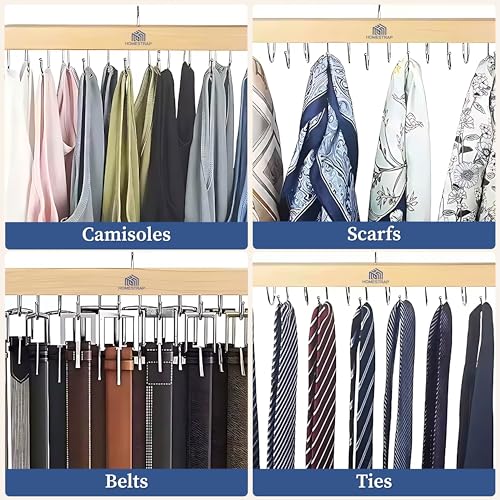 Homestrap 14 Multi-Hook Durable Wood Hanger (Set of 2) with 180 Degree Rotatable Hooks Closet Organiser for Belts, Ties, Scarfs, Cap, Jewellery | Space-Saving, Light-Weight & Sturdy Hanger - Image 5