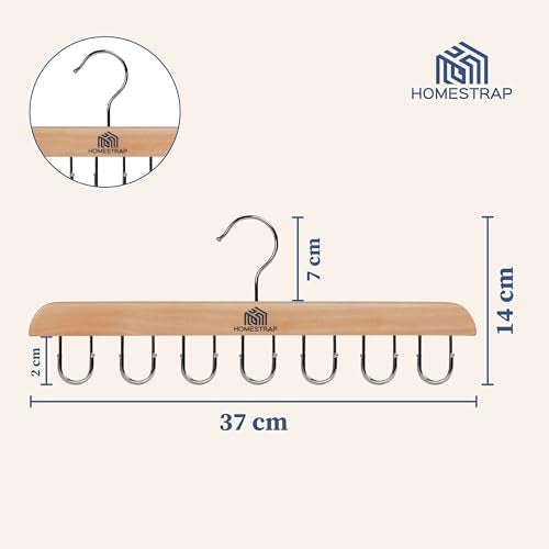 Homestrap 14 Multi-Hook Durable Wood Hanger (Set of 2) with 180 Degree Rotatable Hooks Closet Organiser for Belts, Ties, Scarfs, Cap, Jewellery | Space-Saving, Light-Weight & Sturdy Hanger - Image 2