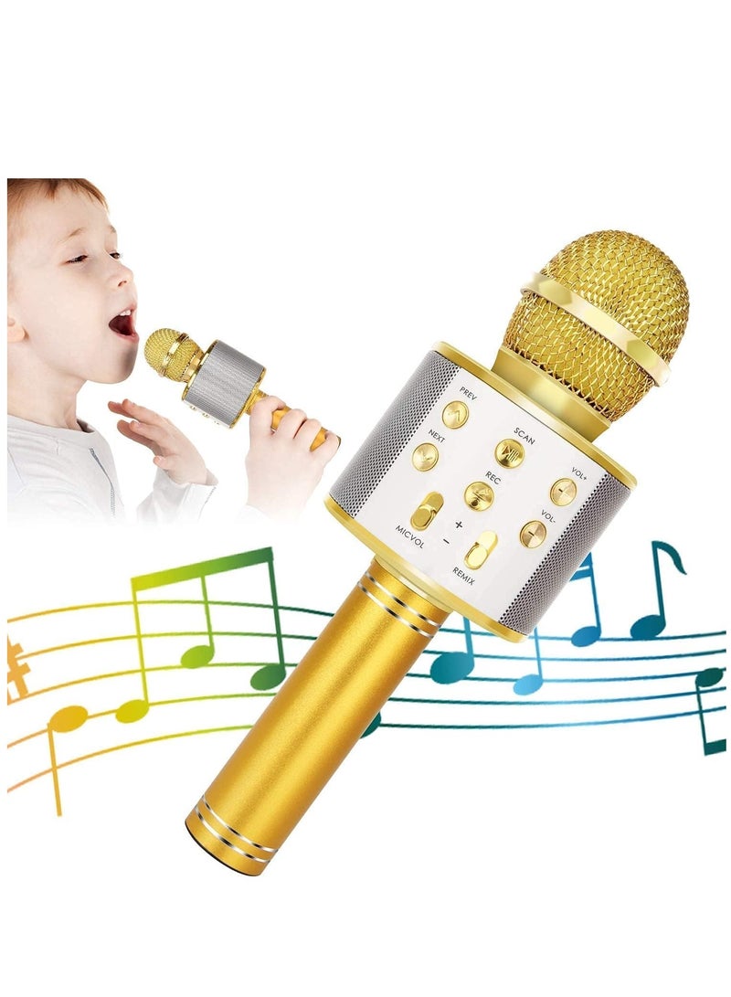Wireless Bluetooth Karaoke Microphone for Kids, 5-in-1 Portable Handheld Karaoke Mic Speaker Player Recorder with Adjustable Remix FM Radio for Kids Girls Boys Teens Birthday (Gold) - Image 1