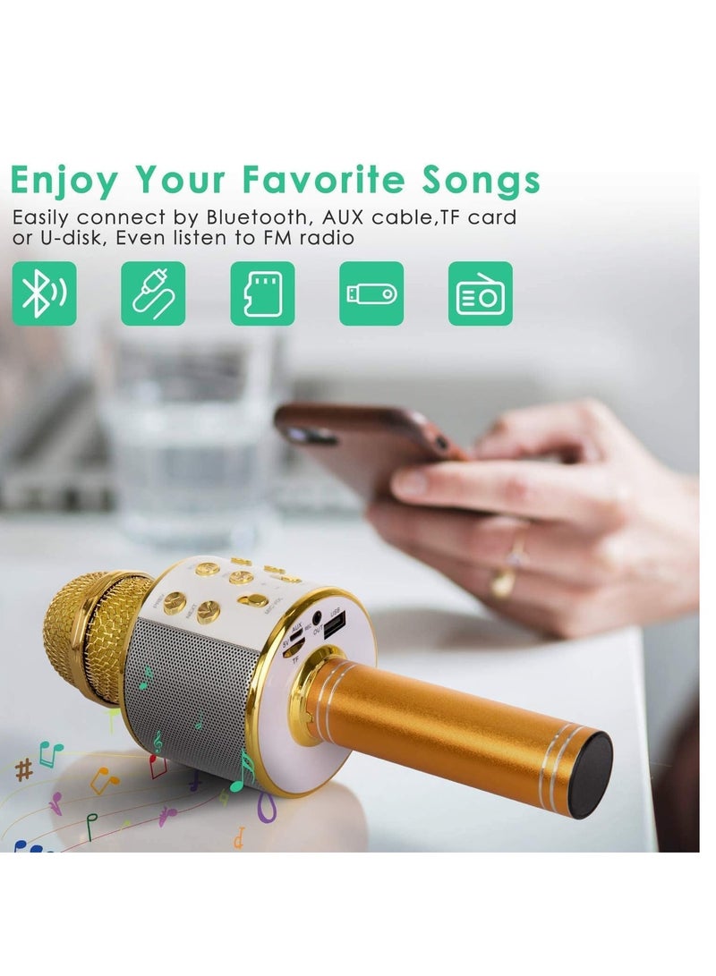 Wireless Bluetooth Karaoke Microphone for Kids, 5-in-1 Portable Handheld Karaoke Mic Speaker Player Recorder with Adjustable Remix FM Radio for Kids Girls Boys Teens Birthday (Gold) - Image 3
