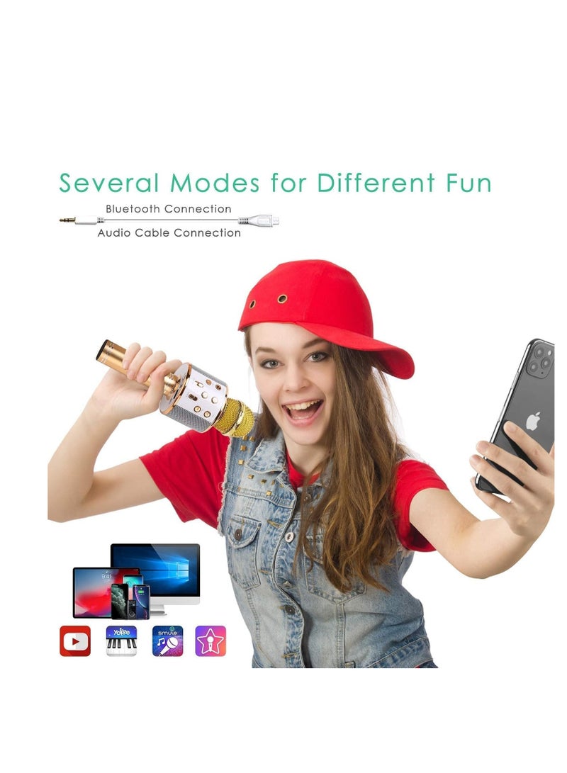 Wireless Bluetooth Karaoke Microphone for Kids, 5-in-1 Portable Handheld Karaoke Mic Speaker Player Recorder with Adjustable Remix FM Radio for Kids Girls Boys Teens Birthday (Gold) - Image 4