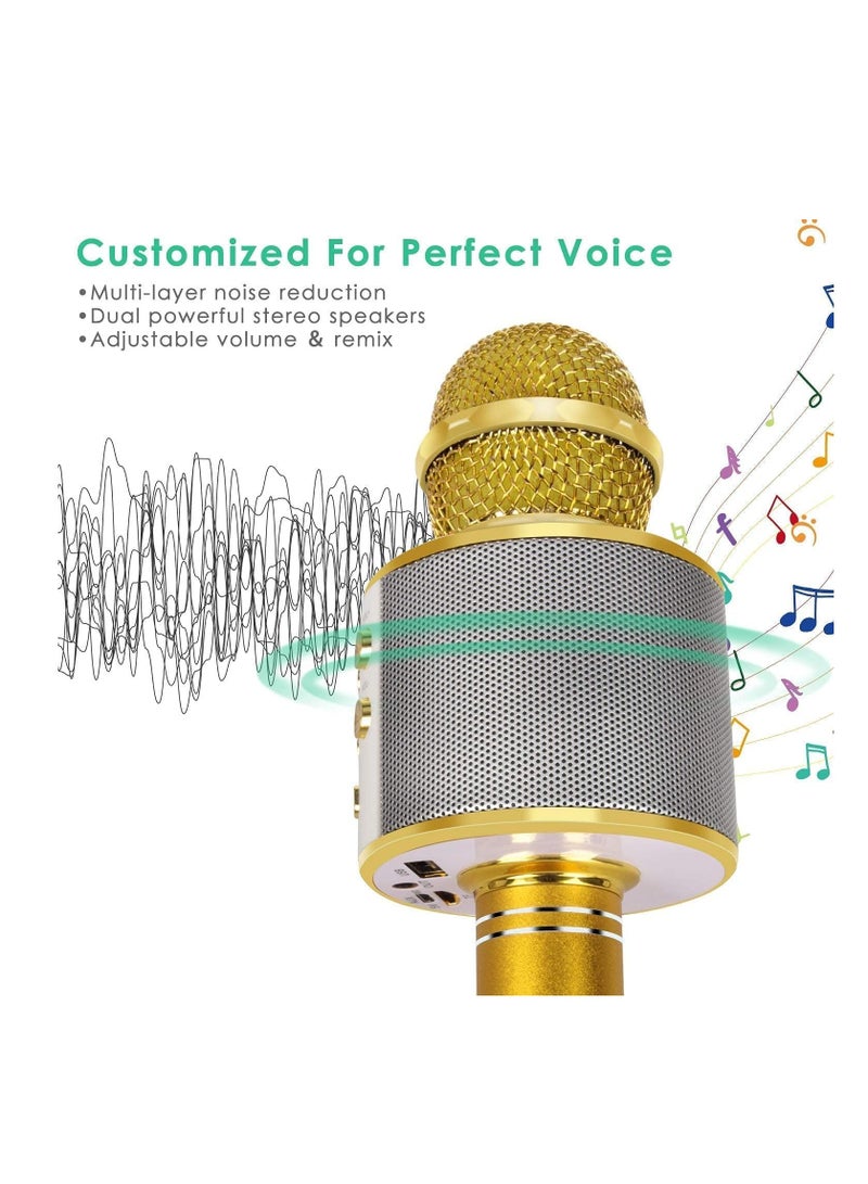 Wireless Bluetooth Karaoke Microphone for Kids, 5-in-1 Portable Handheld Karaoke Mic Speaker Player Recorder with Adjustable Remix FM Radio for Kids Girls Boys Teens Birthday (Gold) - Image 2