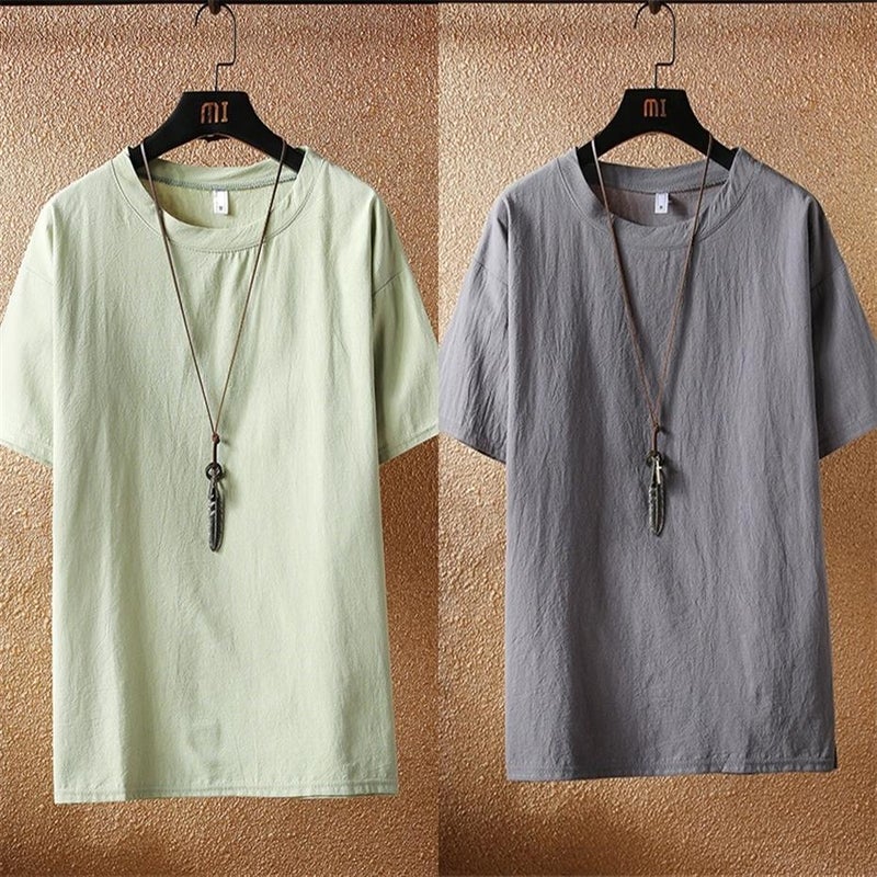 Linen Short-Sleeved Men'S Summer Thin Casual Cotton And Linen T-Shirt Loose Half-Sleeved Fashionable Plus Size Pure White Base Shirt - Image 1