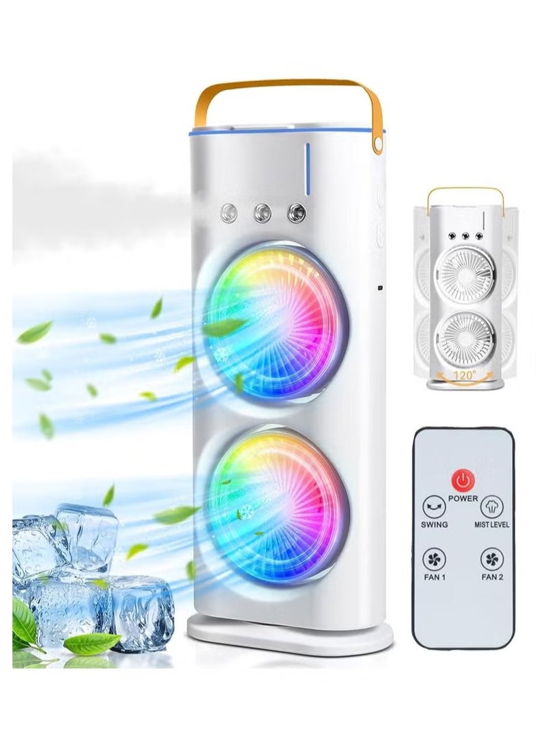 Denx Portable Double-Ended Spray Fan With Remote Control – Power by USB Type C Mist Cooling Tower Fan with 90° Rotation,– Mini Desktop Air Circulator, 280 ml Water Tank, 3 Air Speeds & 3 Cooling Mist, 90° Left and Right Rotation, 7 LED Mobile Air Conditioner for Room, Homes and Office - Image 1