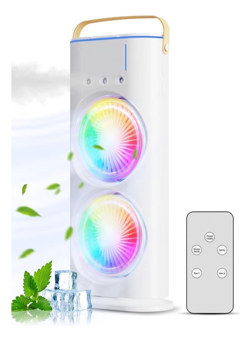 Portable Double-Ended Spray Fan With Remote Control – Power by USB Type C Mist Cooling Tower Fan with 90° Rotation,– Mini Desktop Air Circulator, 280 ml Water Tank, 3 Air Speeds & 3 Cooling Mist, 90° Left and Right Rotation, 7 LED Mobile Air Conditioner for Room, Homes and Office - Image 1
