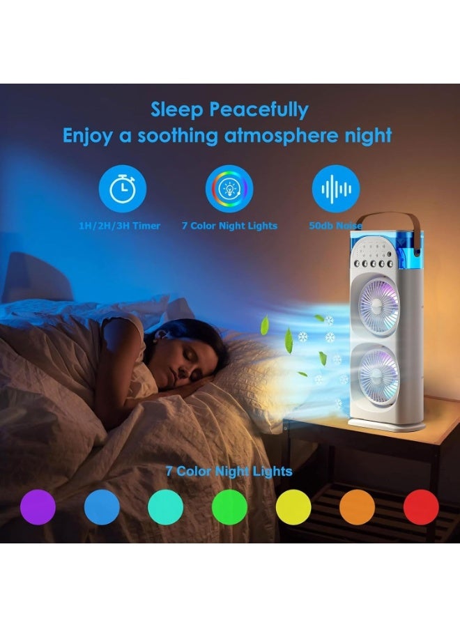 Portable Double-Ended Spray Fan With Remote Control – Power by USB Type C Mist Cooling Tower Fan with 90° Rotation,– Mini Desktop Air Circulator, 280 ml Water Tank, 3 Air Speeds & 3 Cooling Mist, 90° Left and Right Rotation, 7 LED Mobile Air Conditioner for Room, Homes and Office - Image 3