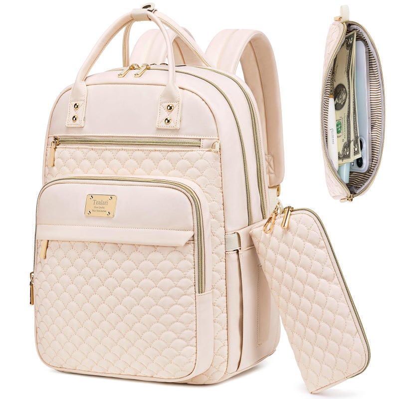 Tealari Laptop Backpack for Women,15.6 Inch Laptop Backpack for Work,Water Resistant Travel Backpack,College Bookbag with Wallet (Beige) - Image 1