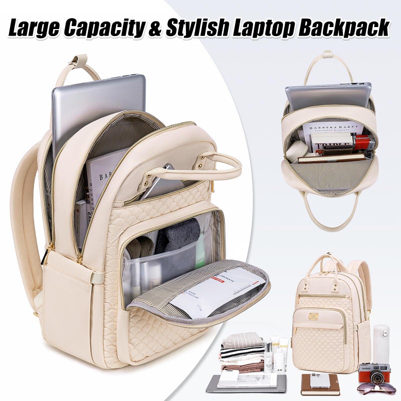 Tealari Laptop Backpack for Women,15.6 Inch Laptop Backpack for Work,Water Resistant Travel Backpack,College Bookbag with Wallet (Beige) - Image 3