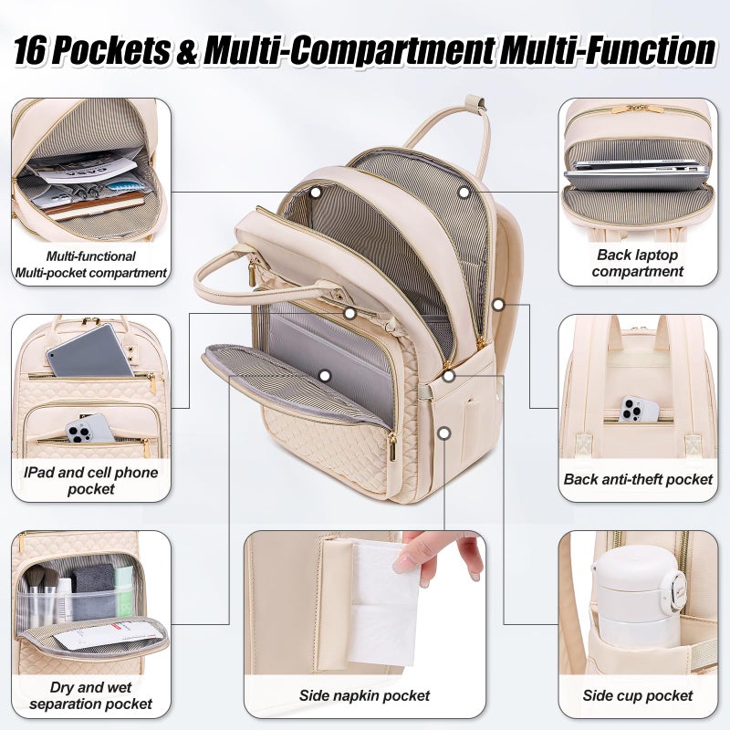 Tealari Laptop Backpack for Women,15.6 Inch Laptop Backpack for Work,Water Resistant Travel Backpack,College Bookbag with Wallet (Beige) - Image 4
