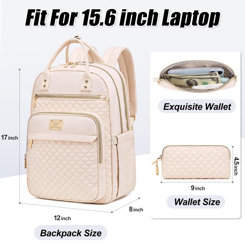 Tealari Laptop Backpack for Women,15.6 Inch Laptop Backpack for Work,Water Resistant Travel Backpack,College Bookbag with Wallet (Beige) - Image 2