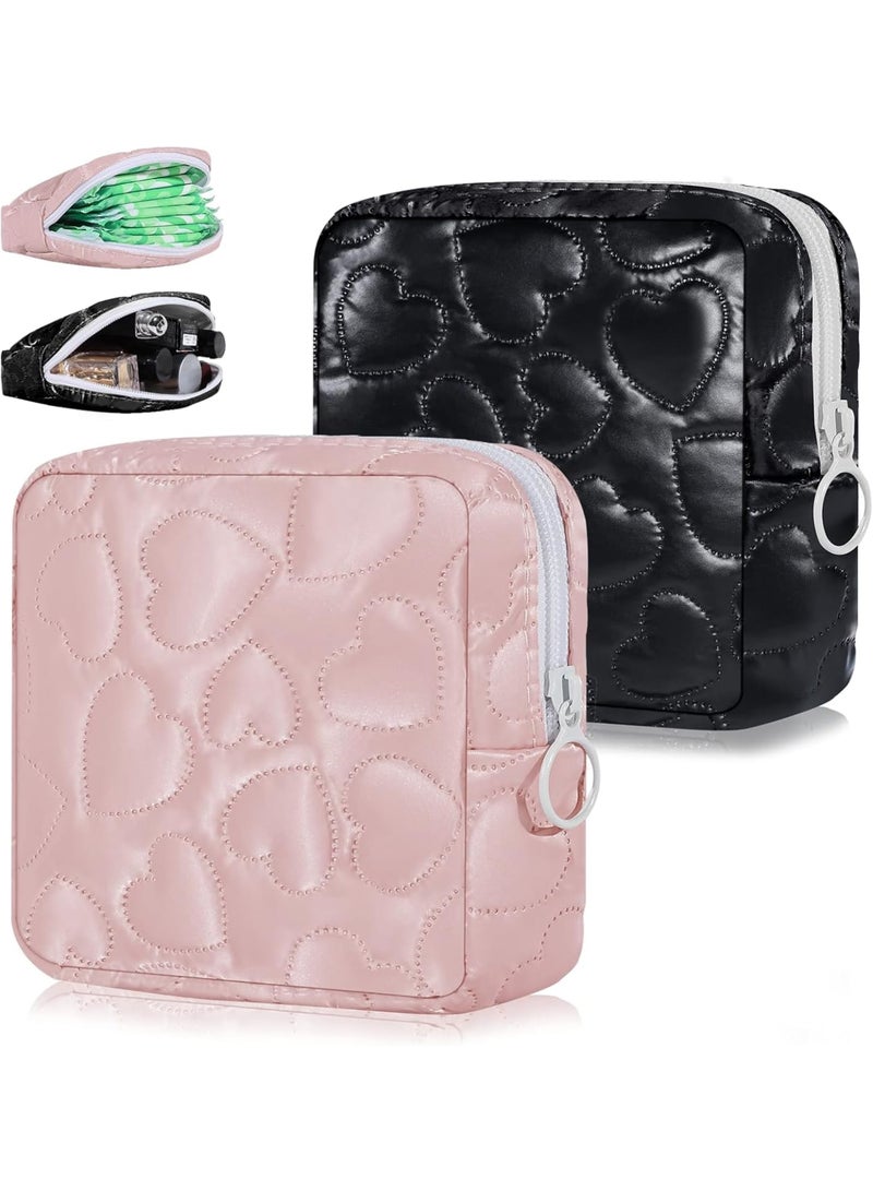 Zikra Sanitary Napkin Storage Bag, 2 PCS Soft PU Leather Heart Period Bag with Zipper, Menstrual Cup Pouch, Tampon Bags, Portable Reusable Period Kit Bag for Girls Women, Cosmetic Bag, Pink/Black - Image 1