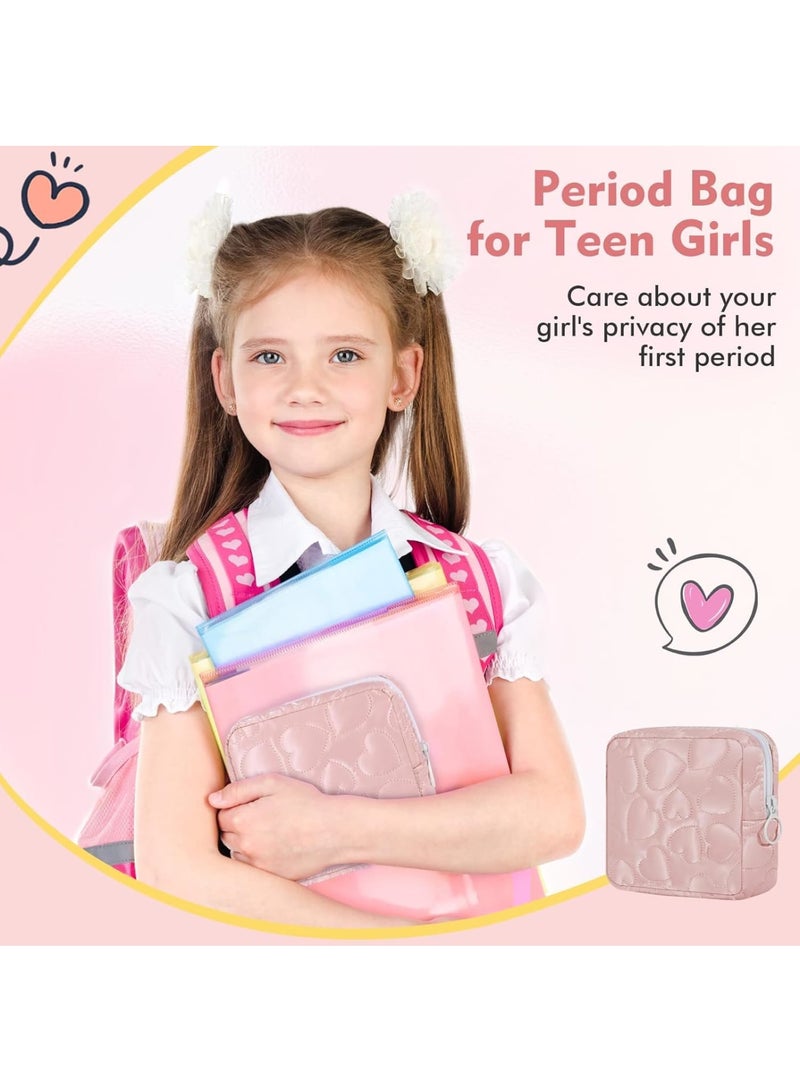 Zikra Sanitary Napkin Storage Bag, 2 PCS Soft PU Leather Heart Period Bag with Zipper, Menstrual Cup Pouch, Tampon Bags, Portable Reusable Period Kit Bag for Girls Women, Cosmetic Bag, Pink/Black - Image 2