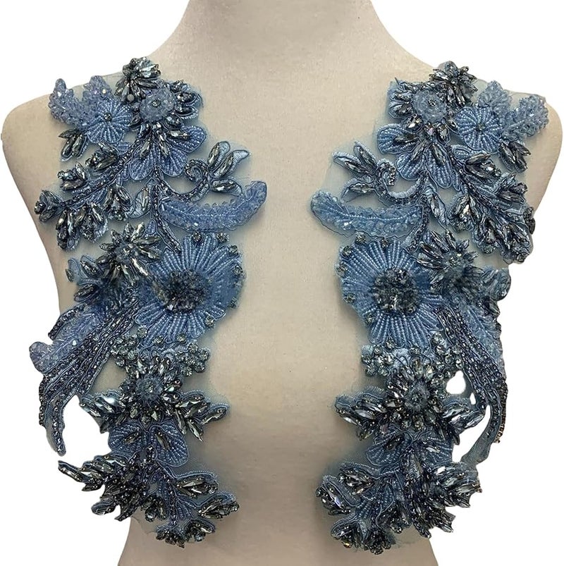 خرز أزرق زهور تطريز تطبيقات خياطة على رقع لتزيين أزياء الحرف اليدوية - Image 2