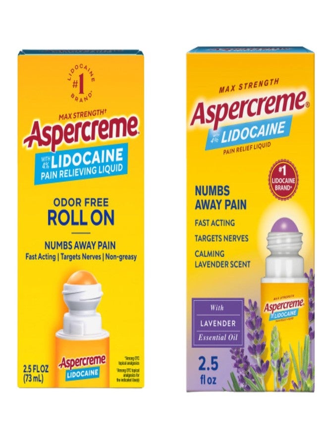 Aspercreme Lidocaine Pain Relief Liquid with No-Mess Roll-On Applicator, Max-Strength 4% Lidocaine Numbs Away Nerve Pain, Original & Essential Oil Lavender Scents 2.5 FL oz, 2 Pack
