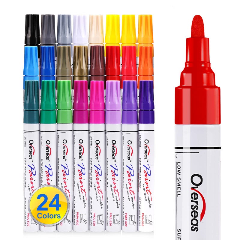 Overseas Paint Marker Pens - 24 Color Permanent Oil Based Markers, Medium Tip, Quick Dry and Waterproof Assorted Color Paint Pens for Metal, Wood, Plastic, Stone, Mugs, Canvas, Glass, Art Craft - Image 1