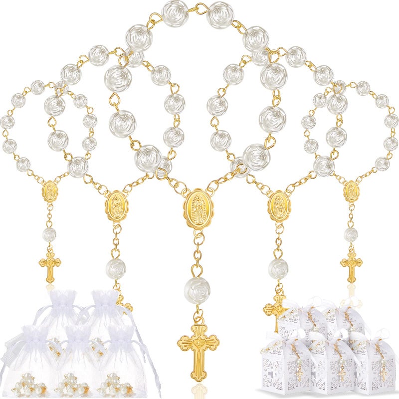 Bonuci 50 Packs Baptism Favors Set Includes Ivory Acrylic Rosary Beads Faux Pearls White Organza Bags with Drawstring Recuerdo De Boda Y Bautizo for Christening Wedding Supplies Gold Bracelet