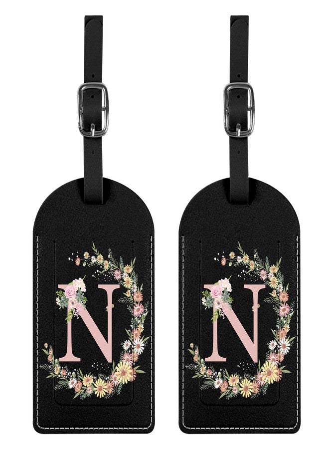 BHAHB 2 Pack Initial Letter Luggage Tag Monogram Luggage Tag PU Leather Suitcase Tags Funny Aesthetic Cute Flower Floral Monogrammed Travel Bag Labels for Women Girls (Letter-N) - Image 1