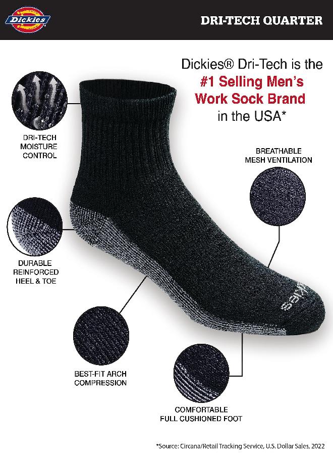 Dickies Dickies Men's Big & Tall Dri-tech Moisture Control Quarter Socks Multipack, Black (6 Pairs), Shoe Size: 12-15 - Image 1