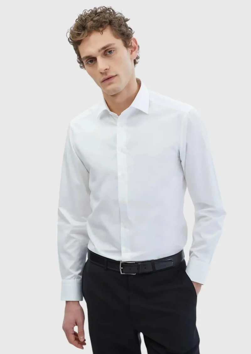 RAMSEY White Plain Regular Fit Weaving Classical 100% Cotton Shirt