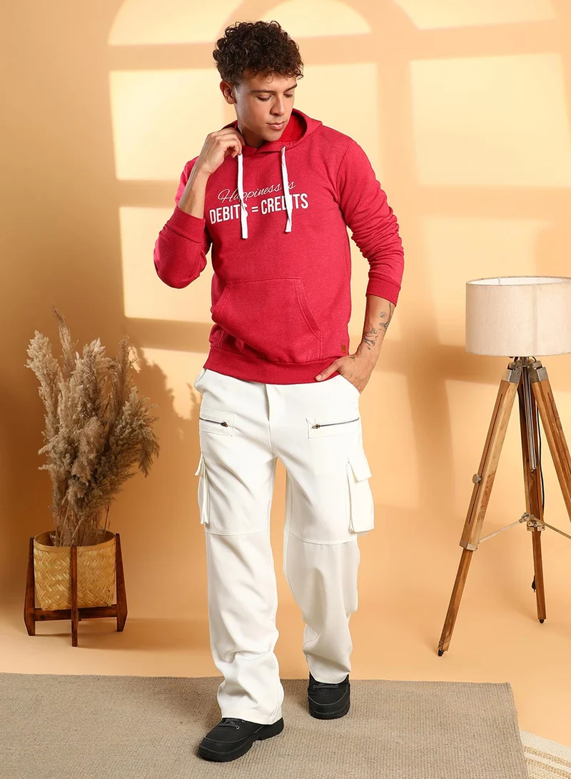 Campus Sutra Men's Red Happiness Is Hoodie With Kangaroo Pocket