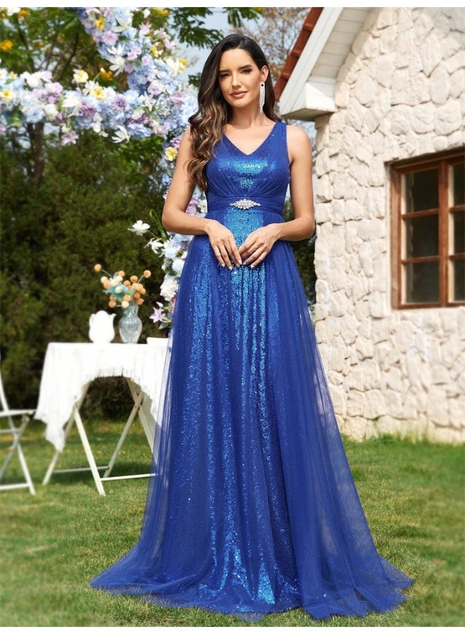 Madam Uniq V-Neck Sleeveless Shimmer Evening Gown – Elegant Elastic Bridesmaid Party Dress in Stock - Image 1
