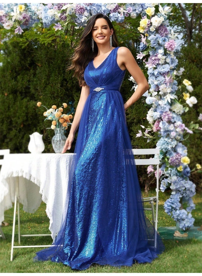 Madam Uniq V-Neck Sleeveless Shimmer Evening Gown – Elegant Elastic Bridesmaid Party Dress in Stock - Image 5