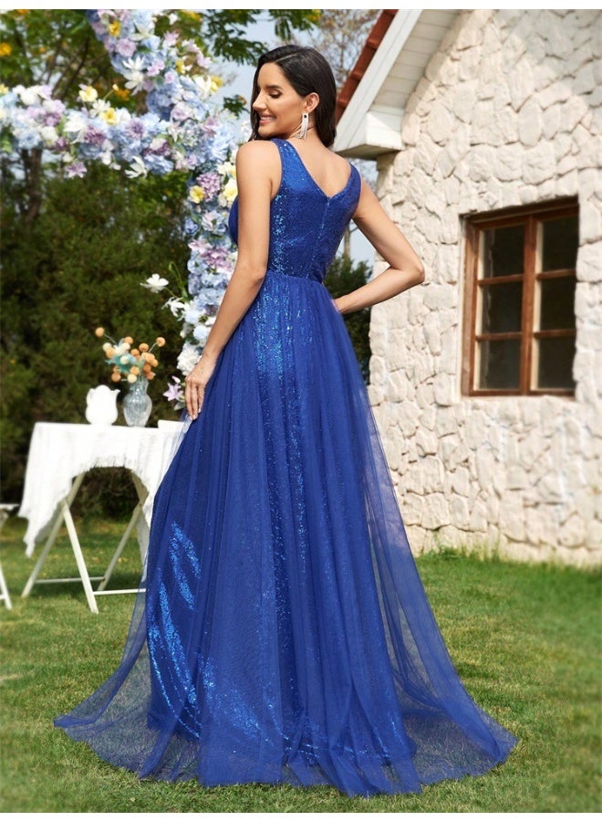 Madam Uniq V-Neck Sleeveless Shimmer Evening Gown – Elegant Elastic Bridesmaid Party Dress in Stock - Image 2