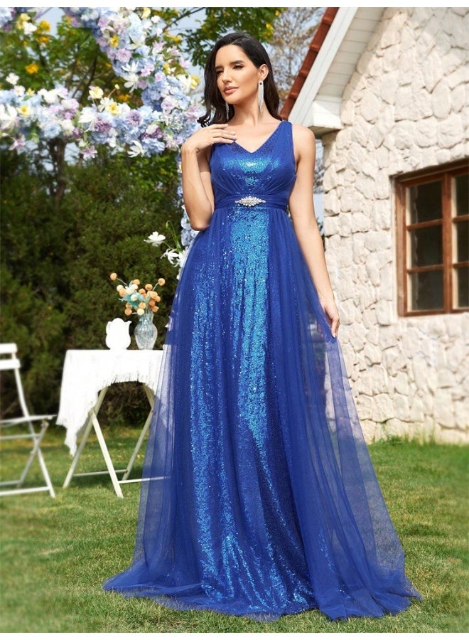 Madam Uniq V-Neck Sleeveless Shimmer Evening Gown – Elegant Elastic Bridesmaid Party Dress in Stock - Image 4