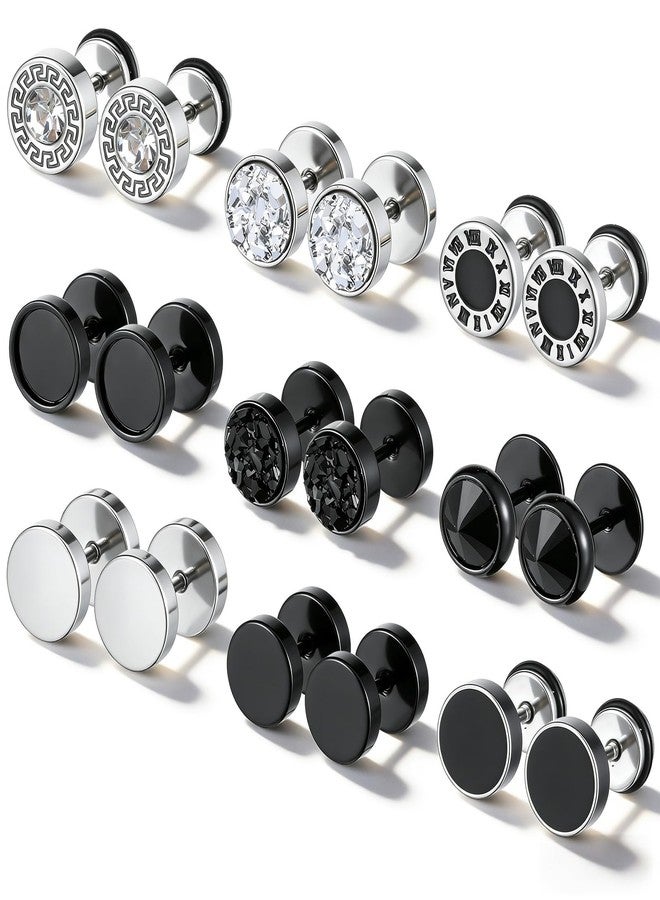 IANFAN 9 Pairs Fake Gauge Earrings, Stainless Steel Stud Earrings Faux Gauge Earring Round Cheater Plug Earring for Men Women - Image 1