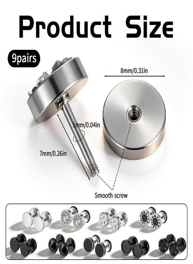 IANFAN 9 Pairs Fake Gauge Earrings, Stainless Steel Stud Earrings Faux Gauge Earring Round Cheater Plug Earring for Men Women - Image 3