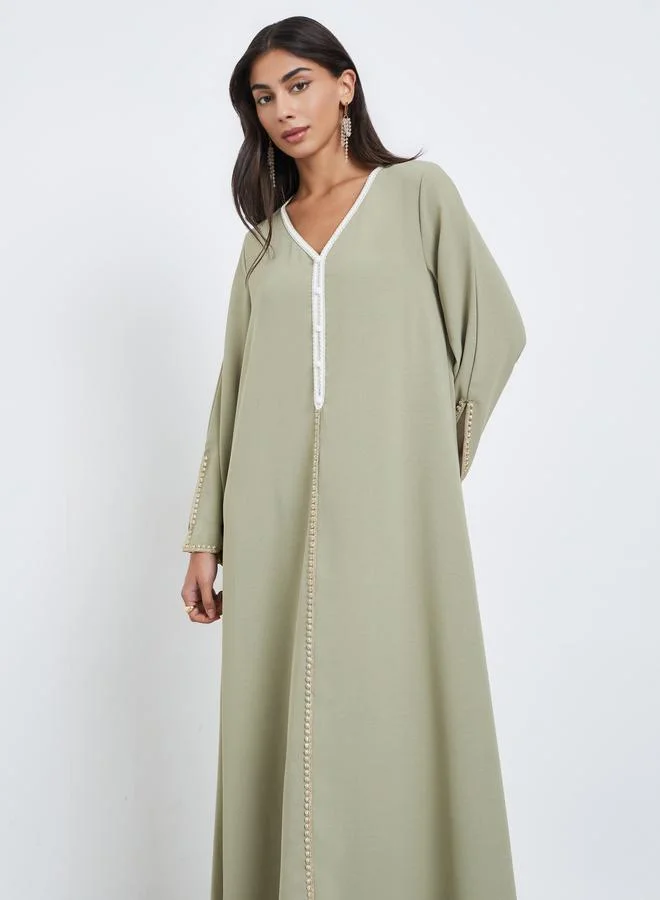Amirah Amirah Green Crepe Jalabiya with Lace Insertg