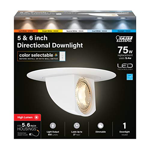 Feit Electric 5-6 inch LED Directional Recessed Downlight, 9.4W (75W Equivalent), 2700K–5000K Selectable Colors, Dimmable, 850 Lumen, 50,000-Hour Lifetime, LEDR56SCP/6WYCA - Image 1