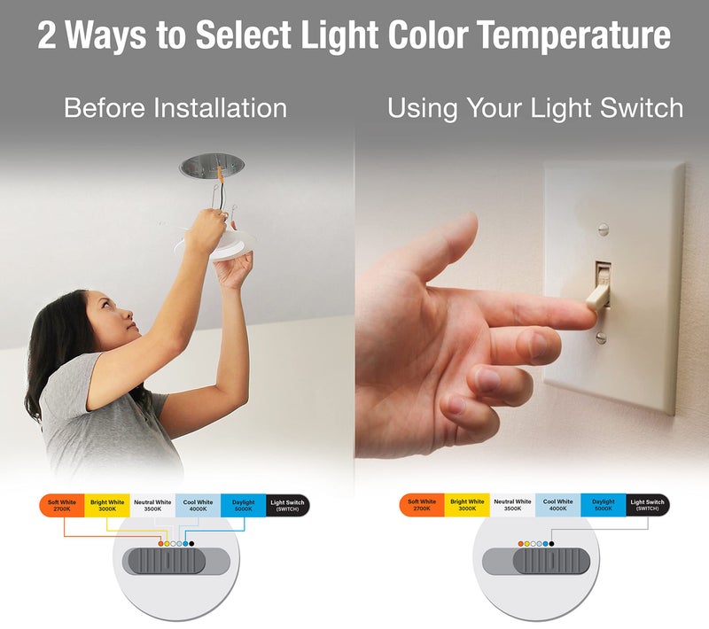 Feit Electric 5-6 inch LED Directional Recessed Downlight, 9.4W (75W Equivalent), 2700K–5000K Selectable Colors, Dimmable, 850 Lumen, 50,000-Hour Lifetime, LEDR56SCP/6WYCA - Image 4