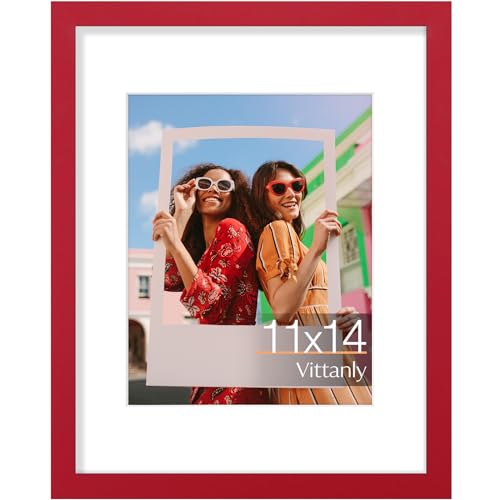 Vittanly 11x14 Picture Frame Engineered Wood with Shatter Resistant Plexiglass Display Pictures 8x10 with Mat or 11x14 without Mat Poster Frame for Wall Mounting Red 1 Pack - Image 1