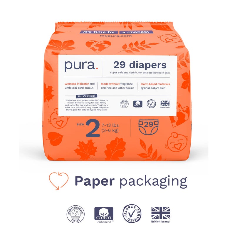 Pura Hypoallergenic Diapers, Size 2 (7-13 lbs) Totally Chlorine Free, Wetness Indicator, Suitable for Sensitive Skin, Soft Organic Cotton Comfort, Overnight, 3 Packs of 29 Diapers (87 Baby Diapers) - Image 2