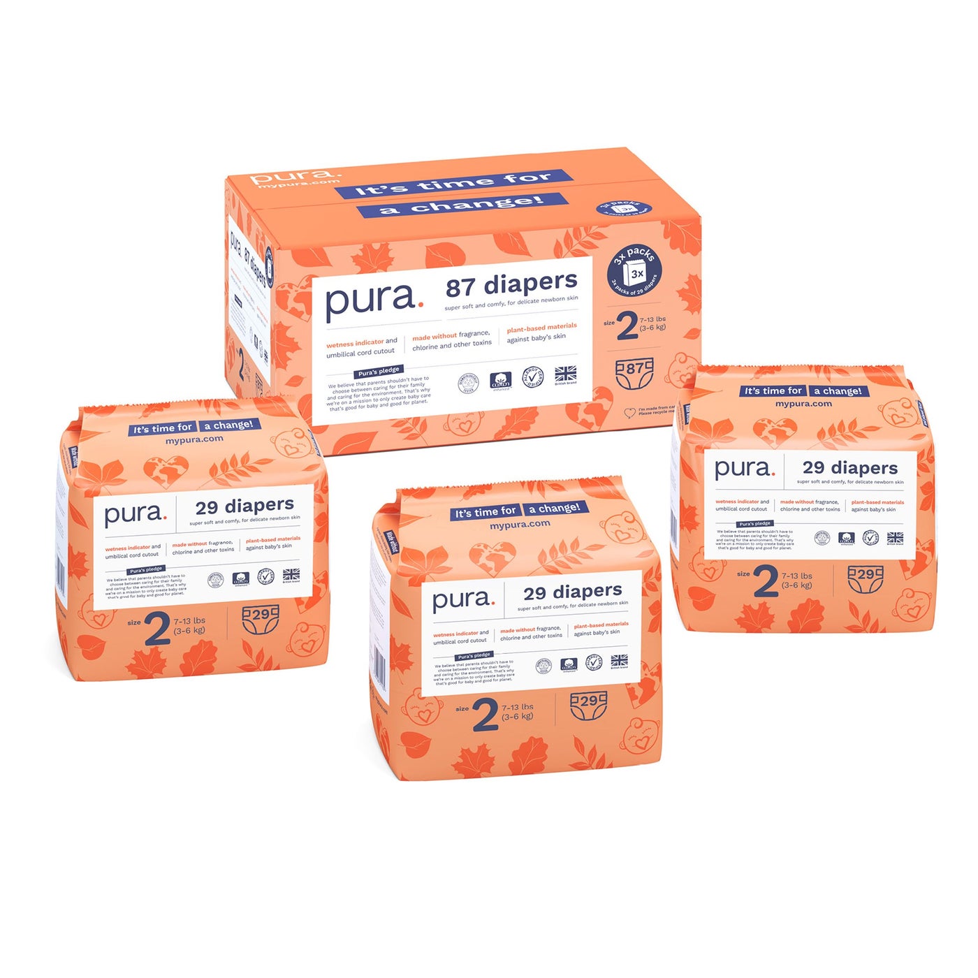 Pura Hypoallergenic Diapers, Size 2 (7-13 lbs) Totally Chlorine Free, Wetness Indicator, Suitable for Sensitive Skin, Soft Organic Cotton Comfort, Overnight, 3 Packs of 29 Diapers (87 Baby Diapers)