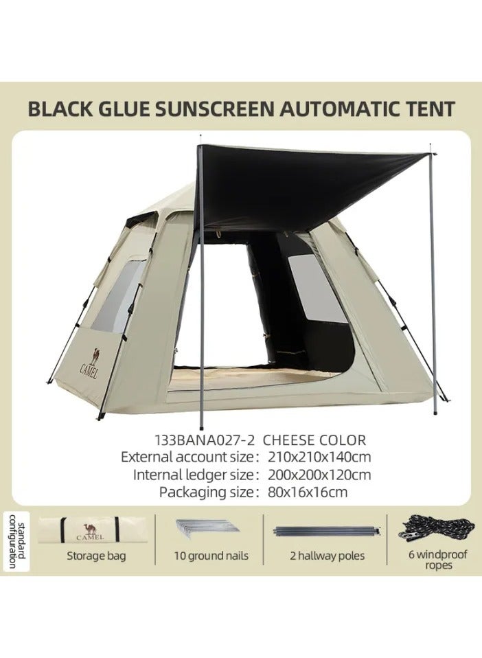 camel 4-Person Automatic Camping Tent with Awning, UPF50+ Blackout Sun Protection, 2000mm Waterproof, Portable Folding 4-Season Tent for Outdoor Overnight/Backpacking/Camping Trips (210x210x135cm) - Image 1