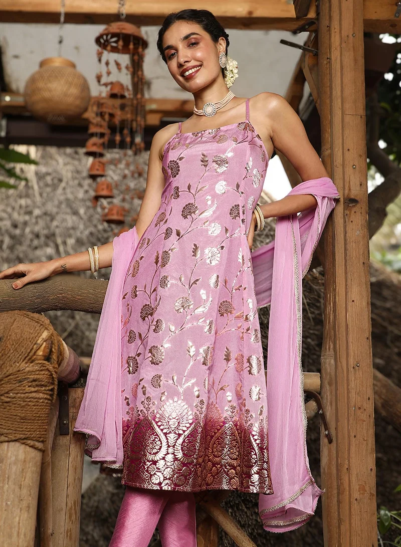 QISSA Women's Rose Pink Floral Zari Anarkali Set
