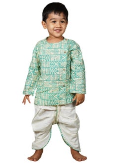 Polka Tots Polka Tots Full Sleeves Geometric Print Angrakha Top With Dhoti - Cream & Green  - Image 1