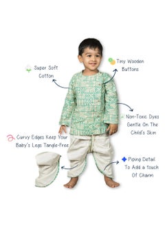 Polka Tots Polka Tots Full Sleeves Geometric Print Angrakha Top With Dhoti - Cream & Green  - Image 4